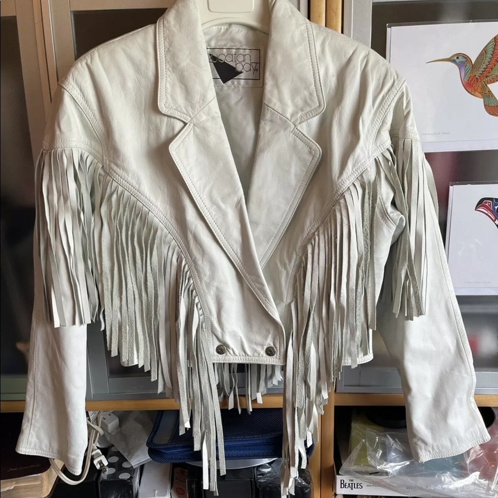 Ladies Women’s White Fringe Leather Crop Jacket